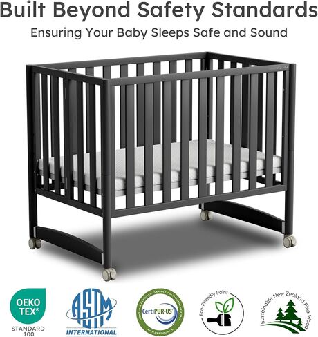 EvoNook 6-in-1 Convertible Mini Crib, 100% New Zealand Wood, 4 Adjustable Mattress Heights, Crib with Mattress, Washed Natural in Kuwait