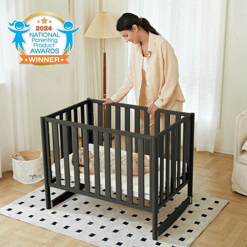 EvoNook 6-in-1 Convertible Mini Crib, 100% New Zealand Wood, 4 Adjustable Mattress Heights, Crib with Mattress, Washed Natural in Kuwait