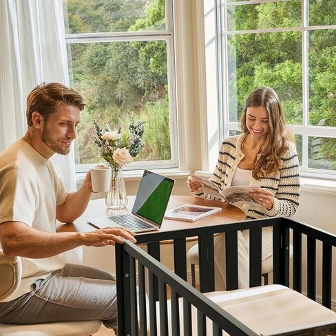 EvoNook 6-in-1 Convertible Mini Crib, 100% New Zealand Wood, 4 Adjustable Mattress Heights, Crib with Mattress, Washed Natural in Kuwait