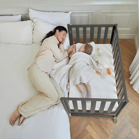 EvoNook 6-in-1 Convertible Mini Crib, 100% New Zealand Wood, 4 Adjustable Mattress Heights, Crib with Mattress, Washed Natural in Kuwait