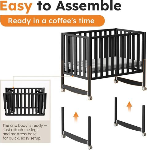 EvoNook 6-in-1 Convertible Mini Crib, 100% New Zealand Wood, 4 Adjustable Mattress Heights, Crib with Mattress, Washed Natural in Kuwait