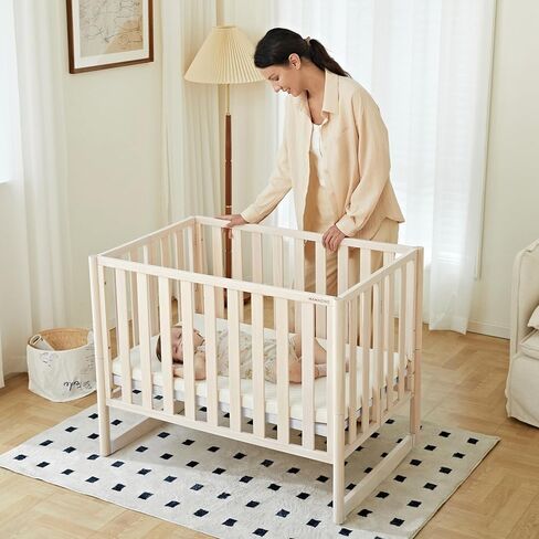 EvoNook 6-in-1 Convertible Mini Crib, 100% New Zealand Wood, 4 Adjustable Mattress Heights, Crib with Mattress, Washed Natural in Kuwait