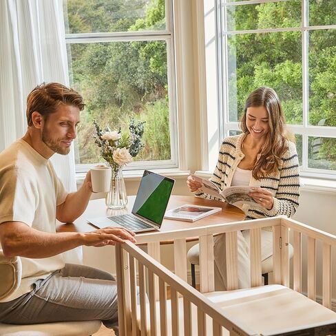 EvoNook 6-in-1 Convertible Mini Crib, 100% New Zealand Wood, 4 Adjustable Mattress Heights, Crib with Mattress, Washed Natural in Kuwait