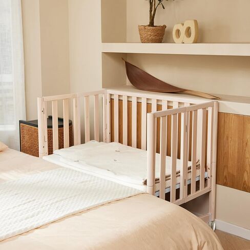 EvoNook 6-in-1 Convertible Mini Crib, 100% New Zealand Wood, 4 Adjustable Mattress Heights, Crib with Mattress, Washed Natural in Kuwait