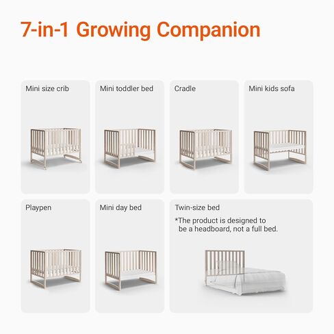 EvoNook 6-in-1 Convertible Mini Crib, 100% New Zealand Wood, 4 Adjustable Mattress Heights, Crib with Mattress, Washed Natural in Kuwait