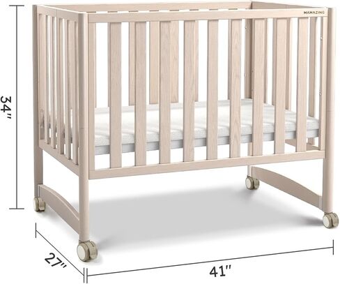 EvoNook 6-in-1 Convertible Mini Crib, 100% New Zealand Wood, 4 Adjustable Mattress Heights, Crib with Mattress, Washed Natural in Kuwait