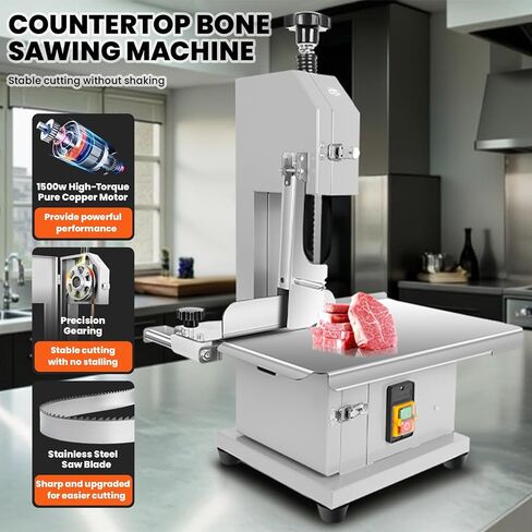 Commercial Bandsaw Machine, 1500W Electric Bone Saw Machine, 19x14" Stainless Steel Worktable, Cuts 0.04-5.0" Thickness, Frozen Meat Cutter with 8 Blades Included, for Rib Pork Beef in Kuwait