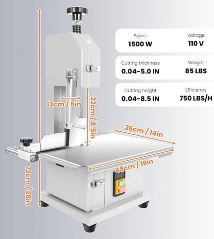 Commercial Bandsaw Machine, 1500W Electric Bone Saw Machine, 19x14" Stainless Steel Worktable, Cuts 0.04-5.0" Thickness, Frozen Meat Cutter with 8 Blades Included, for Rib Pork Beef in Kuwait