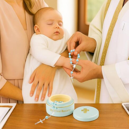 أول مسبحة لي ، معمودية المسبحة وعلب تذكار السيراميك ، هدايا المعمودية الكاثوليكية ، تستخدم لحفل المعمودية حديثي الولادة (الوردي) in Saudi Arabia