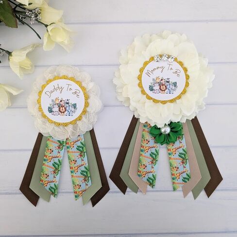 Safari Jungle Gender Neutral Baby Shower Mommy And Daddy To Be Corsage, Safari Animal Baby Sprinkle Mom And Dad Ribbon Pin Set, Jungle Animal Maternity Photo Prop Keepsake Gift in Saudi Arabia