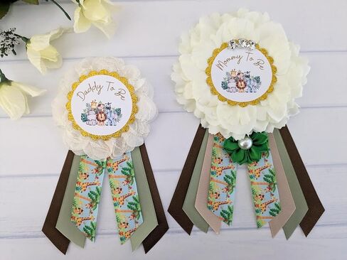 Safari Jungle Gender Neutral Baby Shower Mommy And Daddy To Be Corsage, Safari Animal Baby Sprinkle Mom And Dad Ribbon Pin Set, Jungle Animal Maternity Photo Prop Keepsake Gift in Saudi Arabia