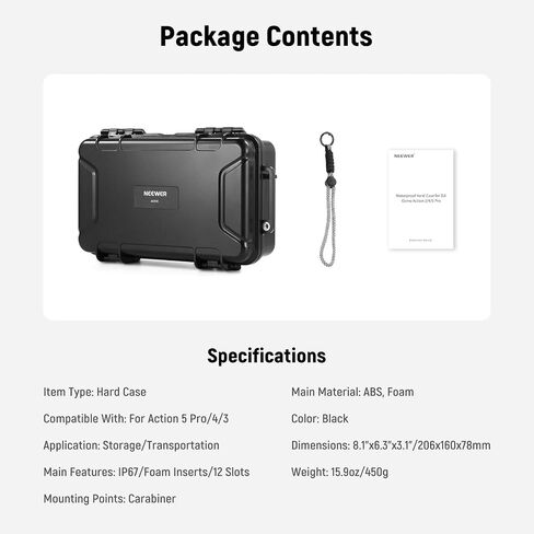 Neewer Hard Case متوافق مع DJI Osmo Action 5 Pro / 4/3 كاميرا ، IP67 مقاومة للماء مقاومة للتغذية مقاومة للصدمات مقاومة للصدمات مع إدراج الرغوة المخصصة و 12 فتحات للملحقات ، AC031 in Kuwait