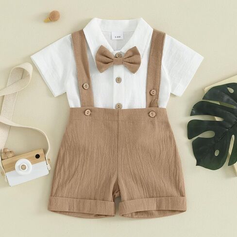 Toddler Boy Gentleman Outfit Solid Color Short Sleeves Bow Tie Romper Shorts Set Baby Boys Summer Clothes in Saudi Arabia