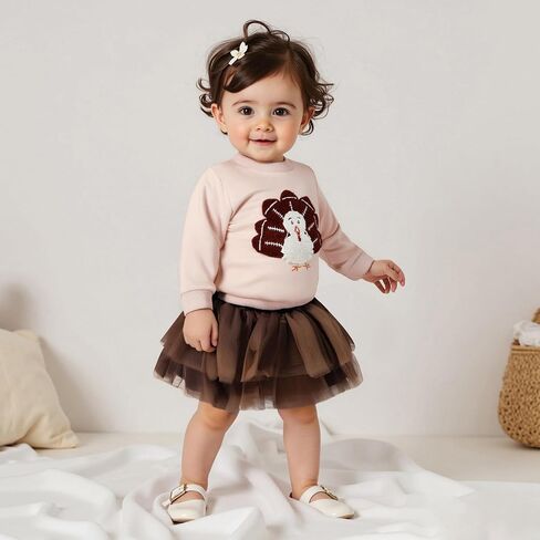 Karuedoo Toddler Baby Bird Girln Athfit Football Turkey Embroidery Crewneck Sweatshirt Top Tutu Skirt Set Fall Cloths in Saudi Arabia