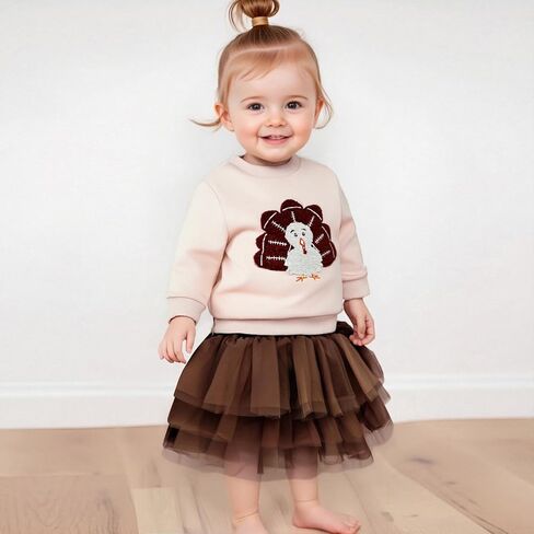 Karuedoo Toddler Baby Bird Girln Athfit Football Turkey Embroidery Crewneck Sweatshirt Top Tutu Skirt Set Fall Cloths in Saudi Arabia
