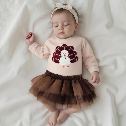 Karuedoo Toddler Baby Bird Girln Athfit Football Turkey Embroidery Crewneck Sweatshirt Top Tutu Skirt Set Fall Cloths in Saudi Arabia