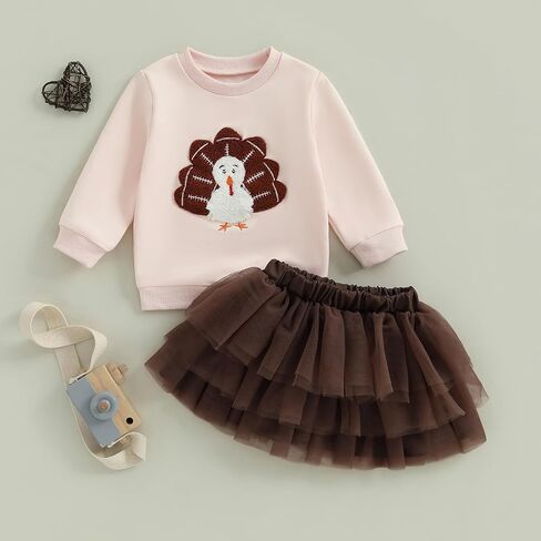 Karuedoo Toddler Baby Bird Girln Athfit Football Turkey Embroidery Crewneck Sweatshirt Top Tutu Skirt Set Fall Cloths in Saudi Arabia