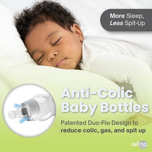 Avima 10 oz Anti Colic Baby Bottles w Medium Flow Nipples. 4-7M (Set of 8) | Narrow Neck Bottle with Stage 2 Silicone Nipples in Saudi Arabia