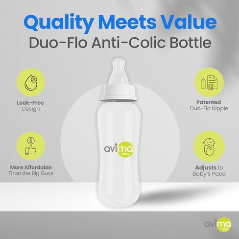 Avima 10 oz Anti Colic Baby Bottles w Medium Flow Nipples. 4-7M (Set of 8) | Narrow Neck Bottle with Stage 2 Silicone Nipples in Saudi Arabia