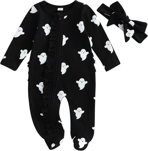 Newborn Infant Baby Girl Boy Halloween Outfits Ghost Footed Onesie Knit Long Sleeve Romper + Hat/Bow 2Pcs in Saudi Arabia