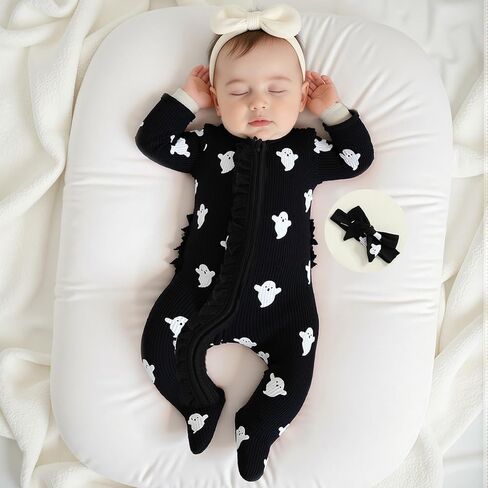 Newborn Infant Baby Girl Boy Halloween Outfits Ghost Footed Onesie Knit Long Sleeve Romper + Hat/Bow 2Pcs in Saudi Arabia