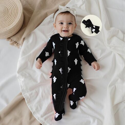 Newborn Infant Baby Girl Boy Halloween Outfits Ghost Footed Onesie Knit Long Sleeve Romper + Hat/Bow 2Pcs in Saudi Arabia