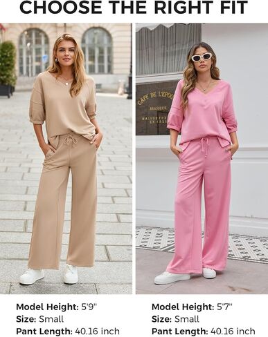 Fisoew Womens 2 Piece Outfits Casual V Neck Shirts Wide Leg Running Long Pants Loose Workout Tracksuit Sets in Saudi Arabia
