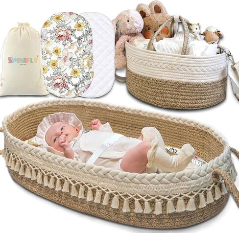 Baby Changing Basket Set with Diaper Caddy Organizer Macrame Boho Moses Basket for Babies, Handmade 100% Cotton Rope, Woven Portable Nursery Decor Waterproof Pad & Floral Pad in Saudi Arabia