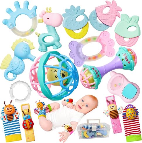 15PCS Rattles for Babies 0-6 Months - BPA-Free Baby Rattles 0-3, 6-12 Months for Newborn Soft Teething Toys Infant Toys with Wrist & Ankle Rattles, Baby Gift Set with Box for Hand-Eye Coordination in Saudi Arabia