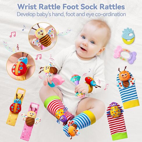 15PCS Rattles for Babies 0-6 Months - BPA-Free Baby Rattles 0-3, 6-12 Months for Newborn Soft Teething Toys Infant Toys with Wrist & Ankle Rattles, Baby Gift Set with Box for Hand-Eye Coordination in Saudi Arabia