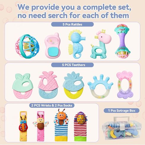 15PCS Rattles for Babies 0-6 Months - BPA-Free Baby Rattles 0-3, 6-12 Months for Newborn Soft Teething Toys Infant Toys with Wrist & Ankle Rattles, Baby Gift Set with Box for Hand-Eye Coordination in Saudi Arabia