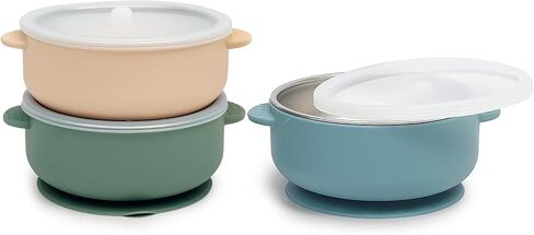 Baby & Toddler Bowls | البقاء شفطا | السيليكون والفولاذ المقاوم للصدأ مع أغطية مختومة تسرب (مجموعة من 3) | أوعية طعام الأطفال المحمولة in Saudi Arabia