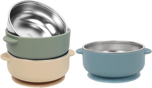 Baby & Toddler Bowls | البقاء شفطا | السيليكون والفولاذ المقاوم للصدأ مع أغطية مختومة تسرب (مجموعة من 3) | أوعية طعام الأطفال المحمولة in Saudi Arabia