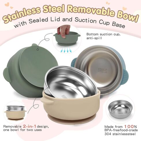 Baby & Toddler Bowls | البقاء شفطا | السيليكون والفولاذ المقاوم للصدأ مع أغطية مختومة تسرب (مجموعة من 3) | أوعية طعام الأطفال المحمولة in Saudi Arabia