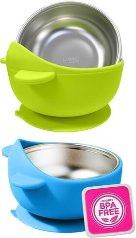 Stainless Steel Baby Bowls with Suction, 2-in-1 Toddler Feeding Set SUS304 Non-Toxic | Unbreakable & Anti-Scald | Super Strong Suction Base | Dishwasher Safe | Perfect Baby Gift - 2Pack 28.9 in Saudi Arabia