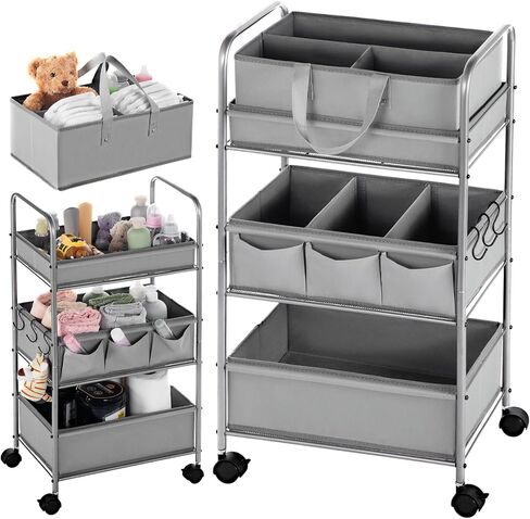 Honeydak 2in1 Baby Diaper Caddy Organizer Cart 3 Tier Large Capacity Metal Utility Bedside Rolling Cart with Divider for Newborn Nursery Essential Must Have for Crib Bedroom Baby Shower(Green) in Saudi Arabia