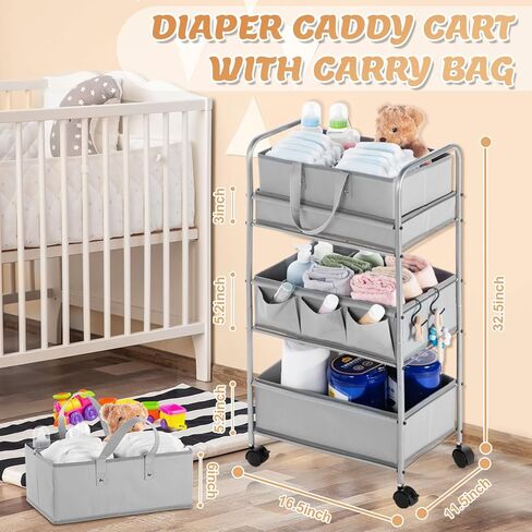 Honeydak 2in1 Baby Diaper Caddy Organizer Cart 3 Tier Large Capacity Metal Utility Bedside Rolling Cart with Divider for Newborn Nursery Essential Must Have for Crib Bedroom Baby Shower(Green) in Saudi Arabia