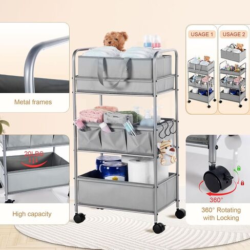 Honeydak 2in1 Baby Diaper Caddy Organizer Cart 3 Tier Large Capacity Metal Utility Bedside Rolling Cart with Divider for Newborn Nursery Essential Must Have for Crib Bedroom Baby Shower(Green) in Saudi Arabia