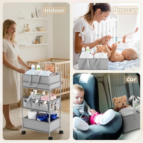 Honeydak 2in1 Baby Diaper Caddy Organizer Cart 3 Tier Large Capacity Metal Utility Bedside Rolling Cart with Divider for Newborn Nursery Essential Must Have for Crib Bedroom Baby Shower(Green) in Saudi Arabia