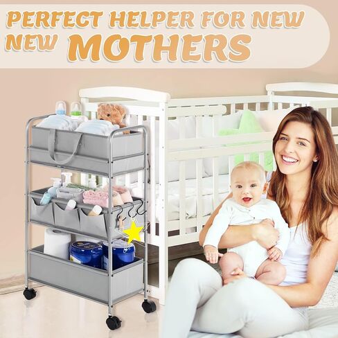 Honeydak 2in1 Baby Diaper Caddy Organizer Cart 3 Tier Large Capacity Metal Utility Bedside Rolling Cart with Divider for Newborn Nursery Essential Must Have for Crib Bedroom Baby Shower(Green) in Saudi Arabia
