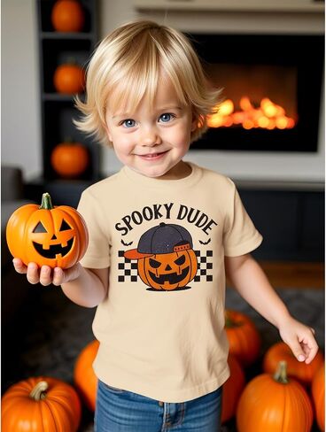 MODNTOGA Toddler Baby Boy Halloween Pumpkin Graphic T-Shirt Spooky Dude Letter Print Tee Tops Short Sleeve Cute Fall Clothes in Saudi Arabia