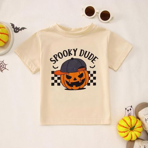 MODNTOGA Toddler Baby Boy Halloween Pumpkin Graphic T-Shirt Spooky Dude Letter Print Tee Tops Short Sleeve Cute Fall Clothes in Saudi Arabia
