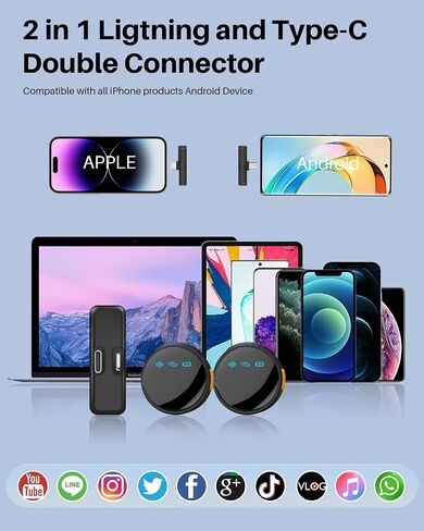 2 حزمة من ميكروفون Lavalier اللاسلكي الاحترافي لأجهزة Android وiPhone iPad مع محول متضمن مشبك تشغيل لتقليل الضوضاء على ميكروفون طية صدر السترة لليوتيوب والتسجيل ومدونة الفيديو والبث المباشر على Facebook in Kuwait