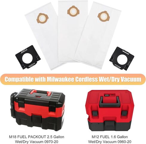 6 Pack 49-90-2016 Fleece Dust Bags Compatible with Milwaukee 0960-20 & 0970-20 Cordless Wet/Dry Packout Vacuums + 2 Pack Attachable Bag Holder （6 Bags 2 Holders) in Kuwait