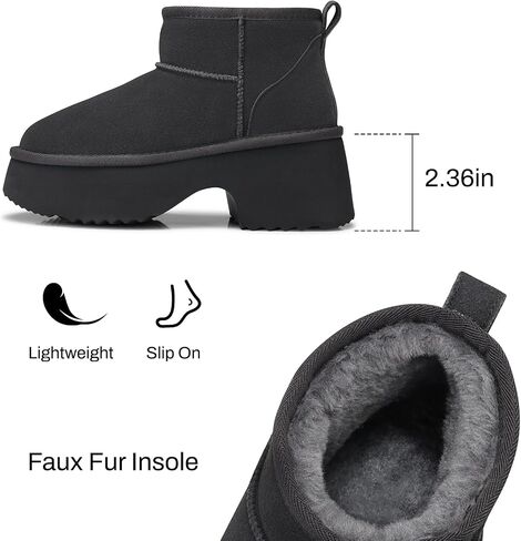 Womens Snow Mini Boots: Genuine Suede Leather Winter Ankle Boots | Comfortble Warm Fur Lined, Slip On Non Slip, Heights Platform Fashion Booties for Women Casual Daily Wear Walking, Size 6-11 in Saudi Arabia