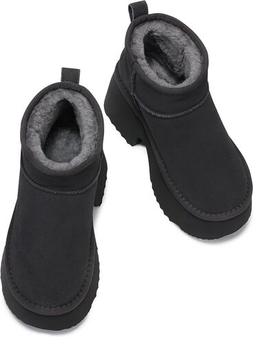 Womens Snow Mini Boots: Genuine Suede Leather Winter Ankle Boots | Comfortble Warm Fur Lined, Slip On Non Slip, Heights Platform Fashion Booties for Women Casual Daily Wear Walking, Size 6-11 in Saudi Arabia