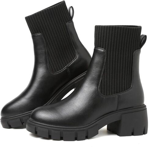 ziitop Women Platform Chelsea Boots Fashion Elastic Ankle Booties Lug Sole Chunky Block Heel Leather Fall Boots Ladies in Saudi Arabia