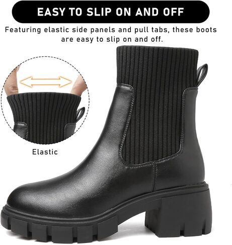 ziitop Women Platform Chelsea Boots Fashion Elastic Ankle Booties Lug Sole Chunky Block Heel Leather Fall Boots Ladies in Saudi Arabia