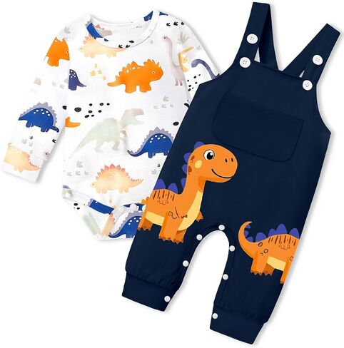 BAVADER Baby Boy Clothes Infant Dinosaur Romper Overalls 2PCS Clothing Set | Infant Boy Clothes Long Sleeve Baby Bodysuit Adjustable Overalls Baby Boys' Clothing Sets Dinosaur Fall Winter Outfits in Saudi Arabia