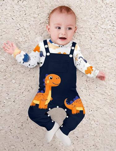 BAVADER Baby Boy Clothes Infant Dinosaur Romper Overalls 2PCS Clothing Set | Infant Boy Clothes Long Sleeve Baby Bodysuit Adjustable Overalls Baby Boys' Clothing Sets Dinosaur Fall Winter Outfits in Saudi Arabia